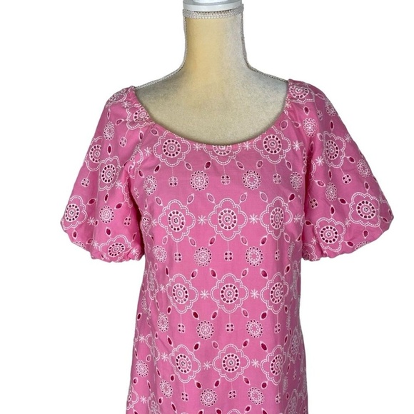 Talbots Pink Puff Sleeve Embroidered Eyelet Shift Dress 100% Cotton Size 4 - Picture 3 of 12